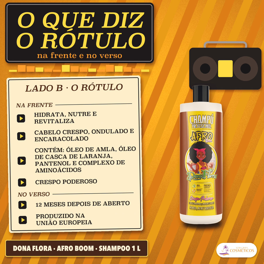 Shampoo Crespos e Encaracolados Afro Boom Dona Flora: cartão Lado B com seis setas amarelas, quatro da frente e duas do verso