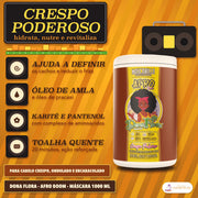 Máscara Crespos e Encaracolados Afro Boom Dona Flora: placa Crespo Poderoso e quatro medalhas, a última com a toalha quente