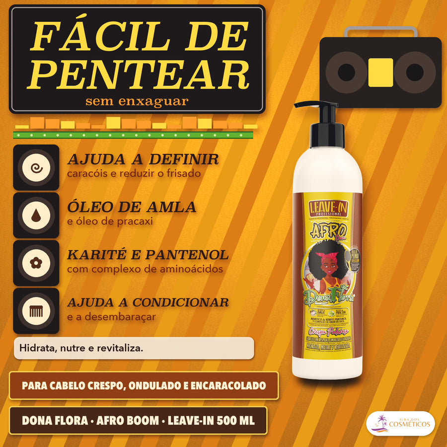 Leave-in Crespos e Encaracolados Afro Boom Dona Flora: placa Fácil de pentear, sem enxaguar, e quatro medalhas com ícones