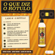 Leave-in Crespos e Encaracolados Afro Boom Dona Flora: a frente e o verso em seis linhas, a abrir no fácil de pentear