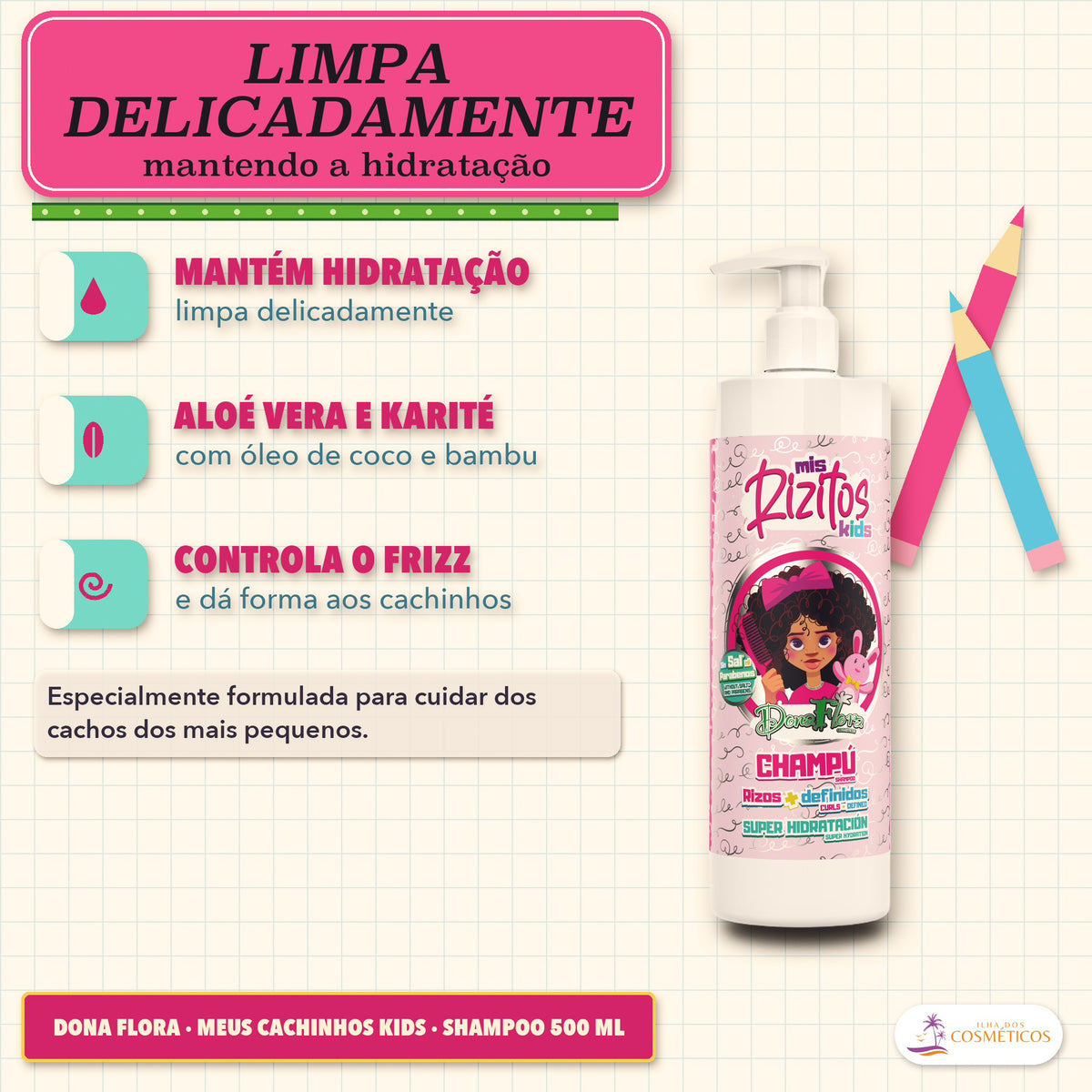 Shampoo Meus Cachinhos Kids Dona Flora Definição: cartaz de apresentação com três pontos, o frasco de bomba e dois lápis