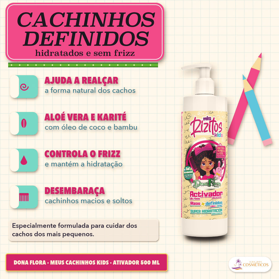 Ativador de Cachos Dona Flora Meus Cachinhos Kids: apresentação em quatro pontos, com o frasco de rótulo amarelo à direita