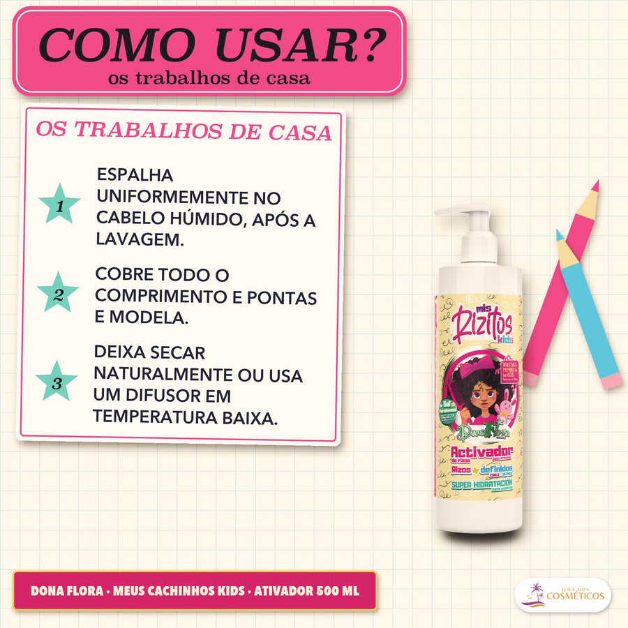 Ativador de Cachos Dona Flora Meus Cachinhos Kids: folha com três estrelas numeradas, um passo em cada, ao lado do frasco