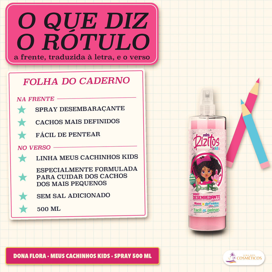 Spray Desembaraçante Meus Cachinhos Kids Dona Flora: lista com a frente do spray em português e quatro linhas do verso