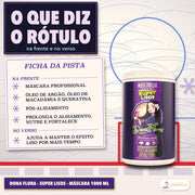 Máscara Pós-Alisamento Dona Flora Super Lisos: ficha da pista com as frases da frente e uma do verso, e o pote ao lado