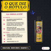 Shampoo Morte Súbita Dona Flora Super Hidratante: cartão «Na embalagem» com a frente e o verso, ao lado do frasco