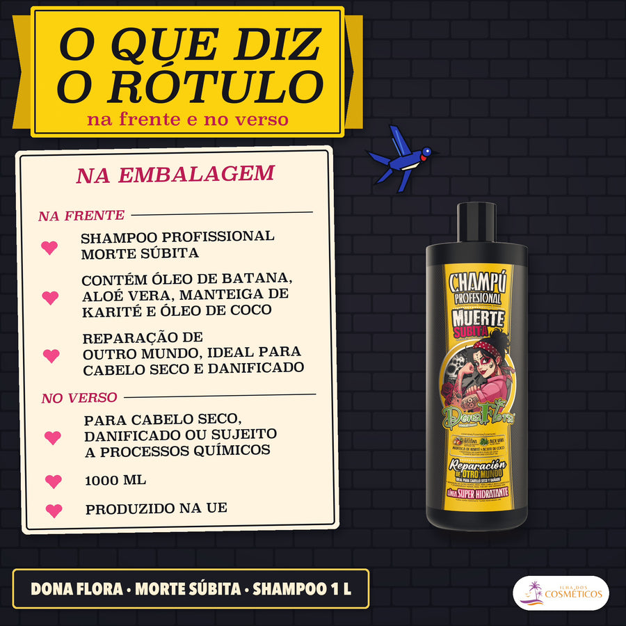 Shampoo Morte Súbita Dona Flora Super Hidratante: cartão «Na embalagem» com a frente e o verso, ao lado do frasco