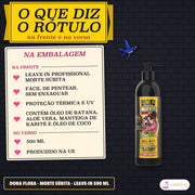 Leave-in Morte Súbita Dona Flora Proteção Térmica e UV: cartão «Na embalagem» com os dois selos da frente e o rodapé
