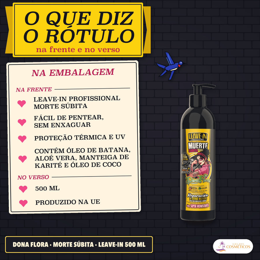 Leave-in Morte Súbita Dona Flora Proteção Térmica e UV: cartão «Na embalagem» com os dois selos da frente e o rodapé