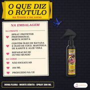 Spray Protetor Morte Súbita Dona Flora Hidratante: cartão «Na embalagem» com a frente e o verso, junto ao frasco de gatilho