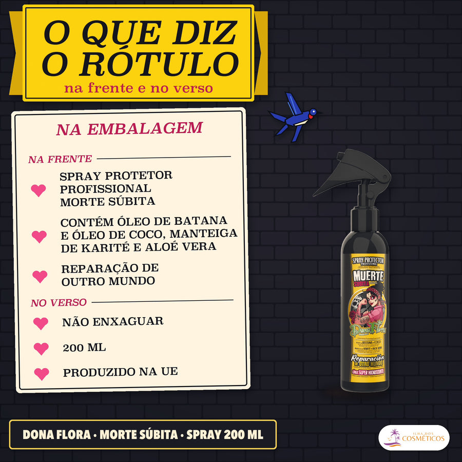 Spray Protetor Morte Súbita Dona Flora Hidratante: cartão «Na embalagem» com a frente e o verso, junto ao frasco de gatilho