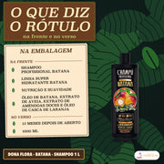 Shampoo Batana Dona Flora Nutrição e Suavidade: folha bege com o nome da frente, os quatro ativos, os 12 meses e 1000 ML