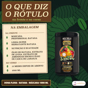 Máscara Batana Dona Flora Nutrição e Suavidade: lista bege da frente e do verso ao lado do pote, com 12 meses e 1000 ML