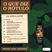 Leave-in Batana Dona Flora Nutrição e Proteção Térmica: folha bege com os dois selos da frente e a placa 500 ML