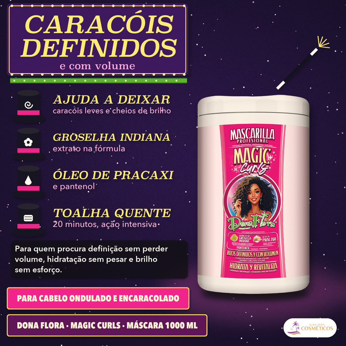 Máscara Definição e Volume Magic Curls Dona Flora: quatro cartolas pretas, uma com toalha, e o pote branco à direita
