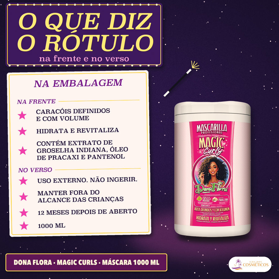 Máscara Definição e Volume Magic Curls Dona Flora: lista em estrelas do que vem impresso no pote, ao lado do próprio pote