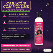 Ativador de Cachos Definição Magic Curls Dona Flora: cartolas com espiral, gota e ondas, e o frasco de bomba preta