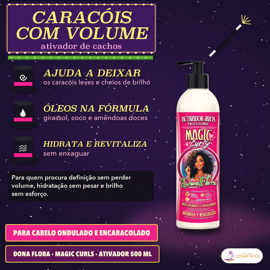 Ativador de Cachos Definição Magic Curls Dona Flora: cartolas com espiral, gota e ondas, e o frasco de bomba preta