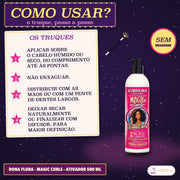 Ativador de Cachos Definição Magic Curls Dona Flora: modo em quatro passos num cartão, com o frasco de bomba à direita