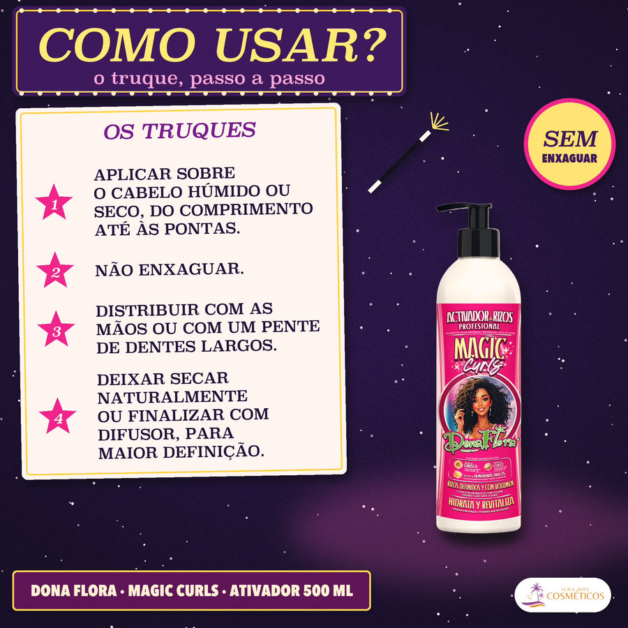 Ativador de Cachos Definição Magic Curls Dona Flora: modo em quatro passos num cartão, com o frasco de bomba à direita