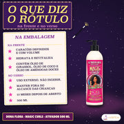 Ativador de Cachos Definição Magic Curls Dona Flora: frases da frente e avisos do verso num cartão, com o frasco de 500 ml