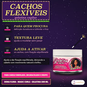 Gelatina Capilar Definição Magic Curls Dona Flora: três cartolas pretas e o pote baixo transparente, de tampa branca