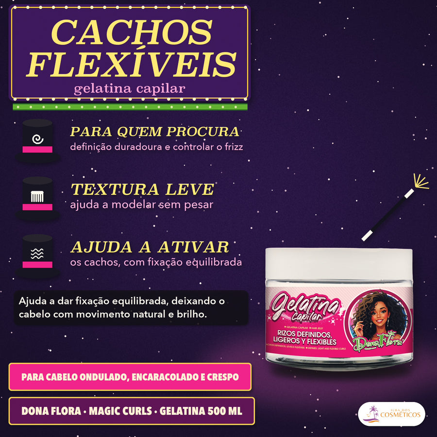 Gelatina Capilar Definição Magic Curls Dona Flora: três cartolas pretas e o pote baixo transparente, de tampa branca