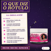 Gelatina Capilar Definição Magic Curls Dona Flora: cartão creme com frente e verso e o pote de faixa cor-de-rosa