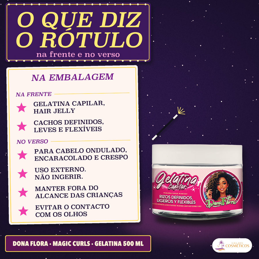 Gelatina Capilar Definição Magic Curls Dona Flora: cartão creme com frente e verso e o pote de faixa cor-de-rosa
