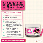 Gelatina Capilar Meus Cachinhos Kids Dona Flora: uma linha da frente e cinco do verso, escritas numa folha cor de creme