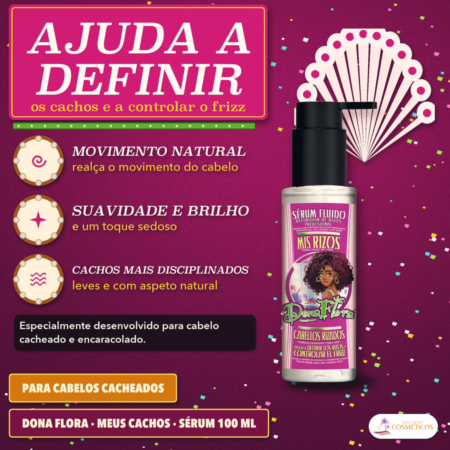 Sérum Definidor de Cachos Meus Cachos Dona Flora: apresentação do sérum de 100 ml, para cachos mais disciplinados
