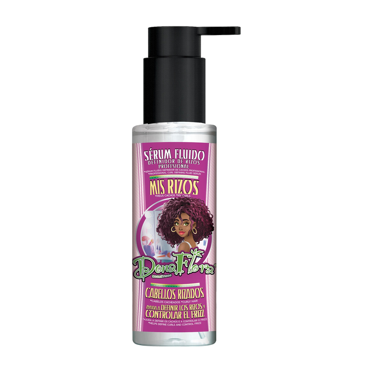 Sérum Definidor de Cachos Meus Cachos Dona Flora: frente do frasco transparente de 100 ml, com doseador preto