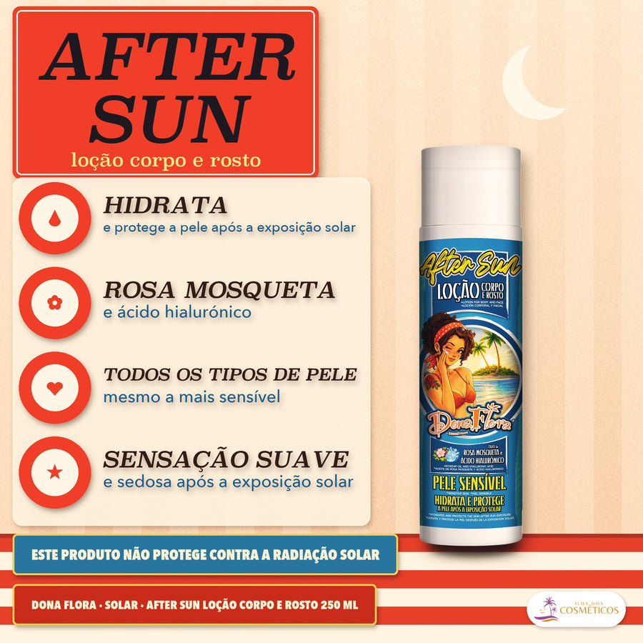 After Sun Loção Corpo e Rosto Pele Sensível Dona Flora: frasco de rótulo azul sob uma lua, quatro destaques e uma faixa azul