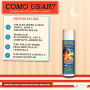 After Sun Loção Corpo e Rosto Pele Sensível Dona Flora: quatro passos de depois do sol num cartão creme, e o frasco branco