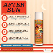 After Sun Intensificador de Bronzeado Dona Flora: frasco de rótulo laranja sob uma lua, quatro destaques e uma faixa azul