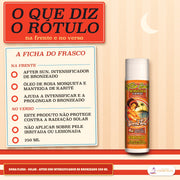 After Sun Intensificador de Bronzeado Dona Flora: ficha da frente e do verso em lista, ao lado do frasco de rótulo laranja