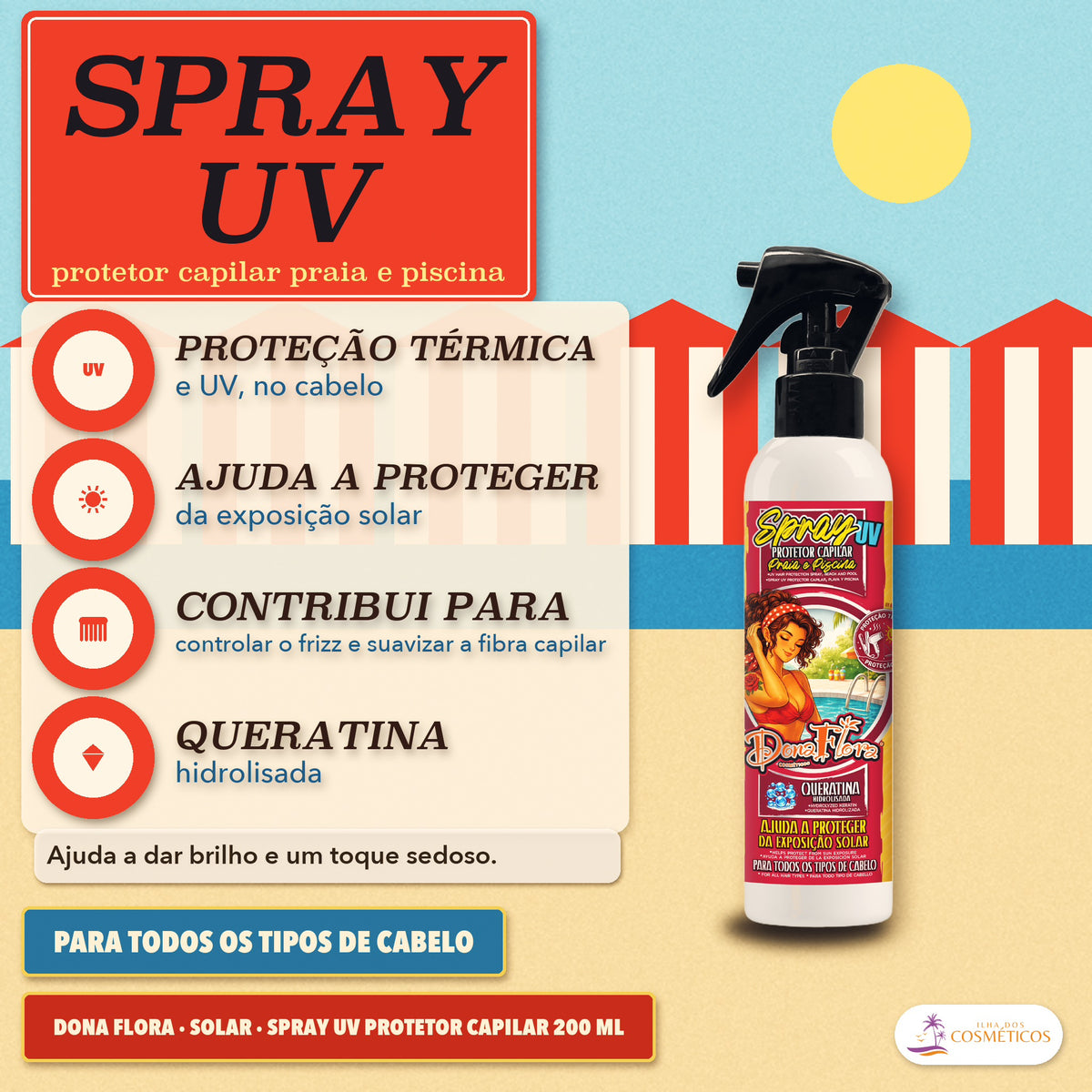Spray UV Protetor Capilar Praia e Piscina Dona Flora: frasco branco de gatilho preto diante de barracas, com quatro destaques
