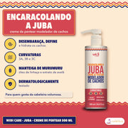 Creme de Pentear Encaracolando a Juba Widi Care Cachos: cartaz de apresentação, com quatro ícones e o frasco à direita