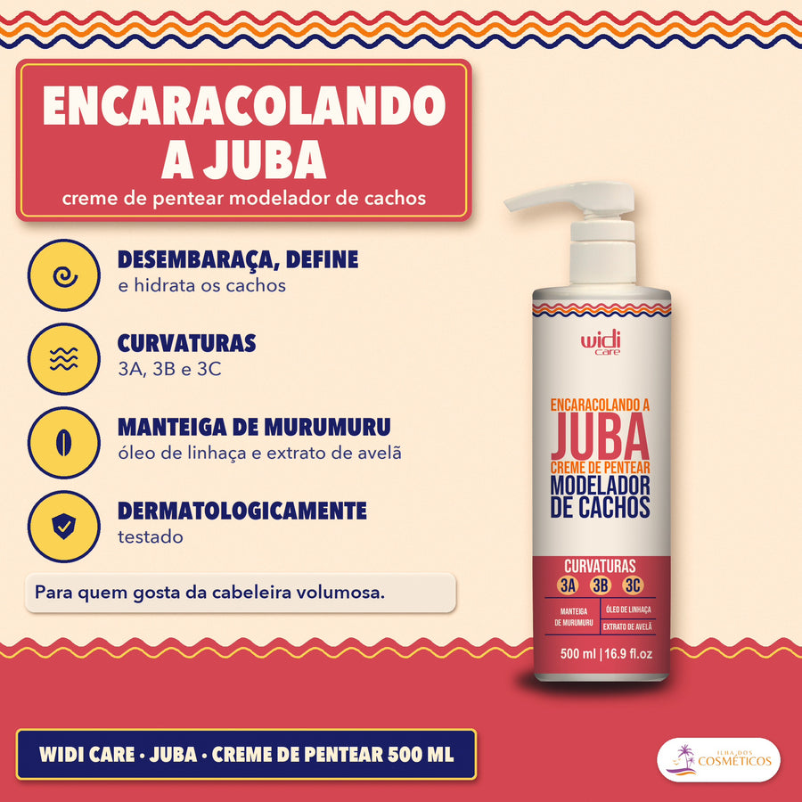 Creme de Pentear Encaracolando a Juba Widi Care Cachos: cartaz de apresentação, com quatro ícones e o frasco à direita