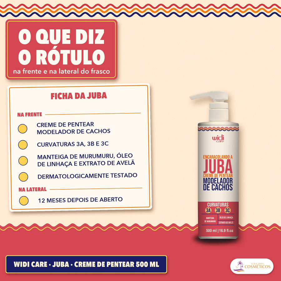 Creme de Pentear Encaracolando a Juba Widi Care Cachos: quadro com quatro pontos da frente e um da lateral, junto ao frasco