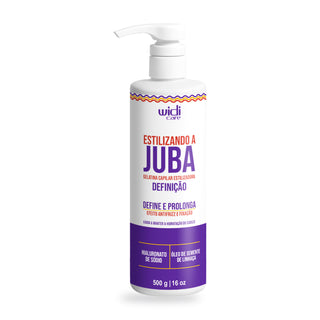 Gelatina Capilar Definição Estilizando a Juba Widi Care: frasco branco e roxo de 500 g, de frente, em fundo branco
