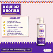 Gelatina Capilar Definição Estilizando a Juba Widi Care: lista de cinco linhas com o que vem na frente, sobre fundo lilás