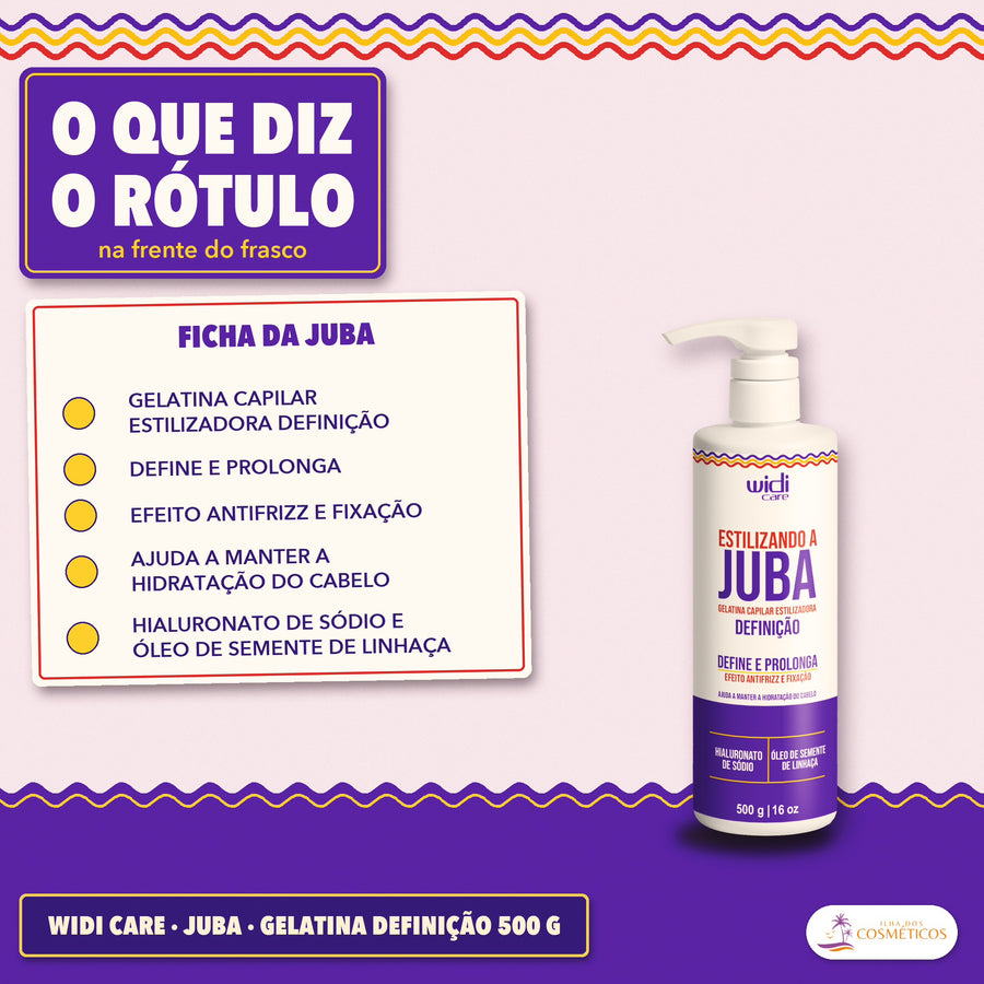 Gelatina Capilar Definição Estilizando a Juba Widi Care: lista de cinco linhas com o que vem na frente, sobre fundo lilás