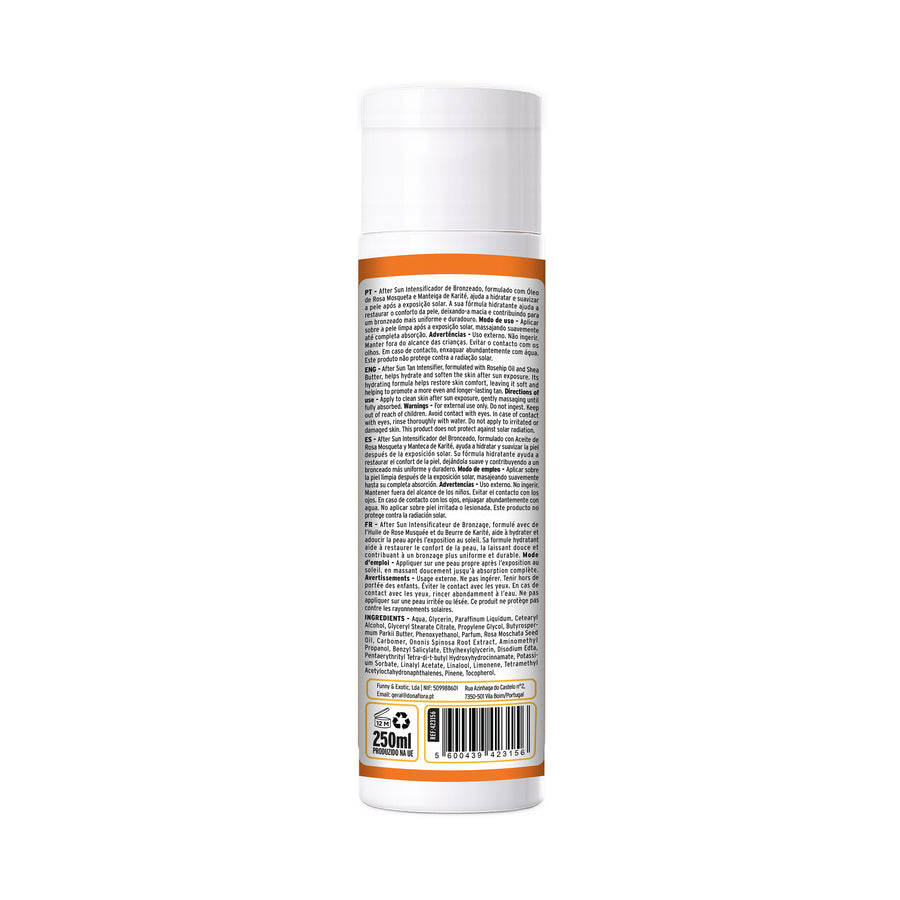 After Sun Intensificador de Bronzeado Dona Flora: o verso, com a descrição, o modo de uso e as advertências em quatro línguas