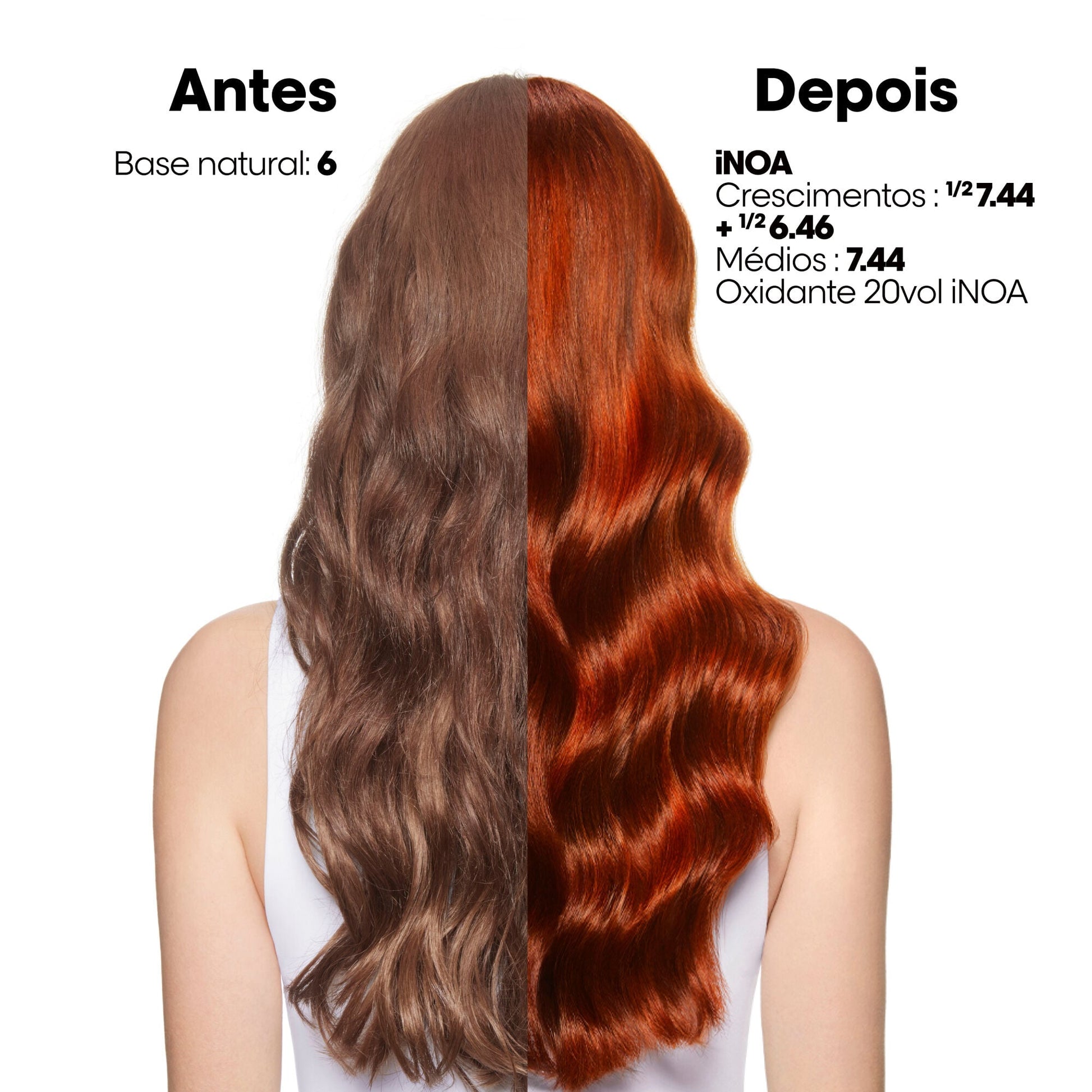 Antes e depois da iNOA: base natural 6 pintada com 7.44 e 6.46 e oxidante de 20 volumes