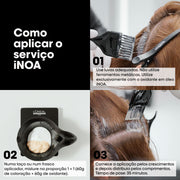 Como aplicar a iNOA em três passos: luvas e utensílios não metálicos, mistura 1+1, aplicação nos crescimentos com 35 minutos de pose
