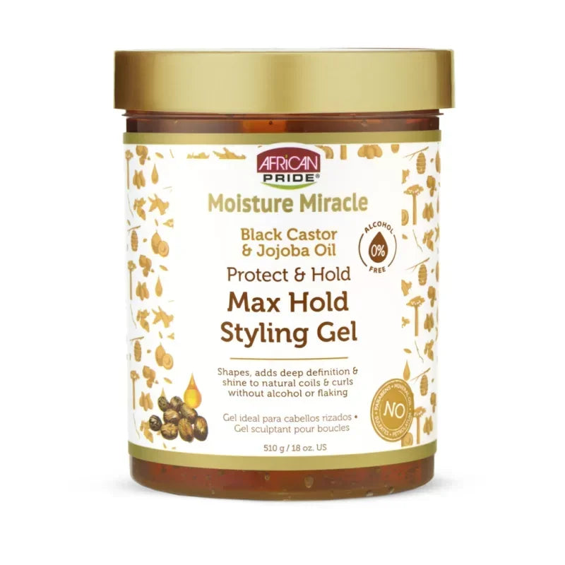 African Pride Moisture Miracle Black Castor & Jojoba Oil Max Hold Styling Gel 510g - Ilha dos cosméticos