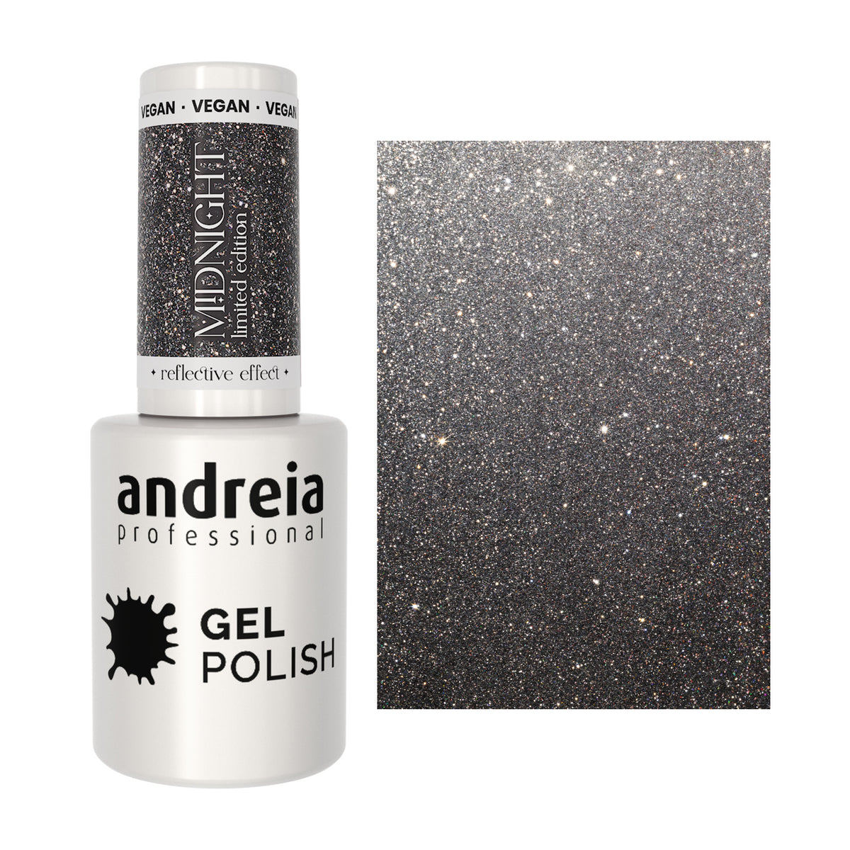 Andreia Gel Polish MD5 Prateado Cintilante, frasco e cor