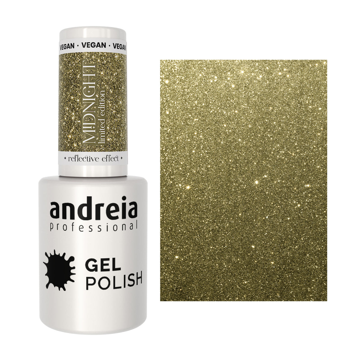 Andreia Gel Polish MD6 Dourado Cintilante, frasco e cor