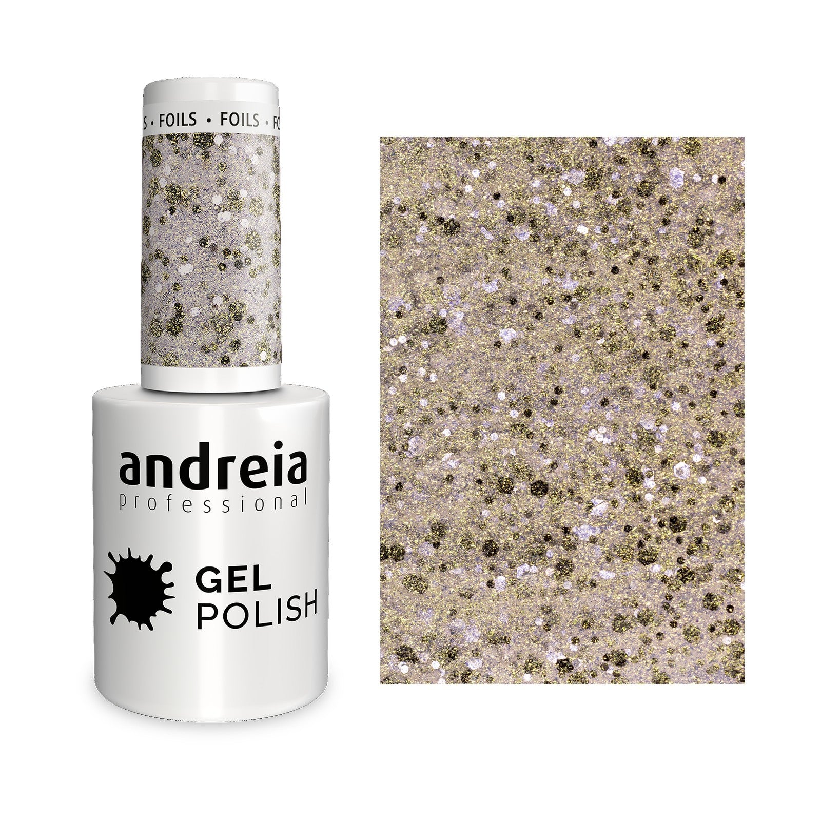 Andreia Gel Polish 254 Glitter Dourado e Prateado — frasco e cor